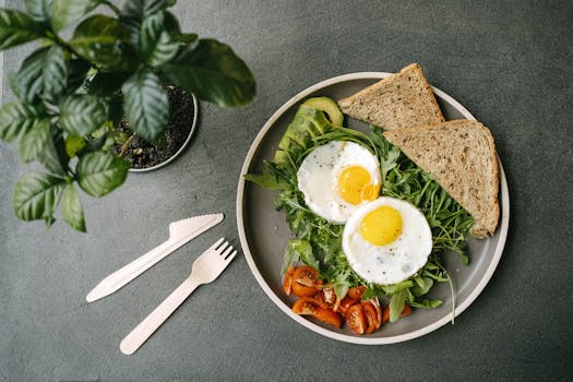 Balanced breakfast plate with eggs and avocado